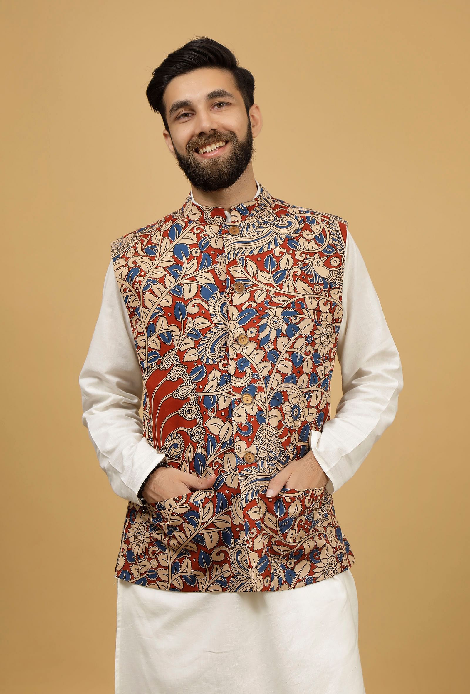 Buy Kalamkari Mandarin Collar High Low Anarkali With Embroidery Detail And  3/4th Sleeves - Kurtas for Women 7663666 | Myntra